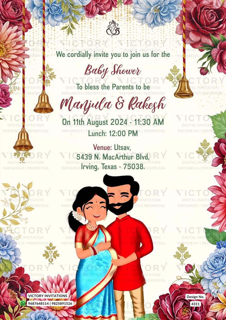 Baby Shower ceremony invitation card in english language with bells, flowers as floral theme design 4311