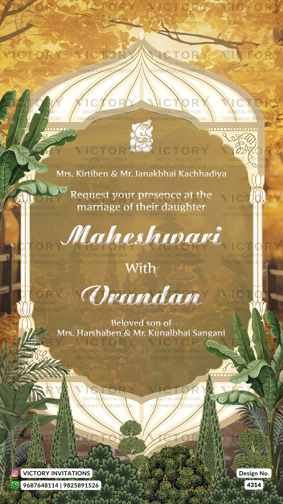 Wedding ceremony invitation card of hindu gujarati kathiyawadi family in english language with garden theme design 4314