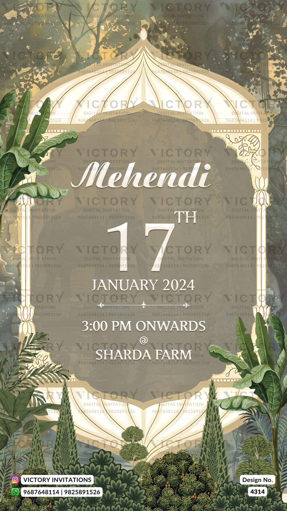 Wedding ceremony invitation card of hindu gujarati kathiyawadi family in english language with garden theme design 4314