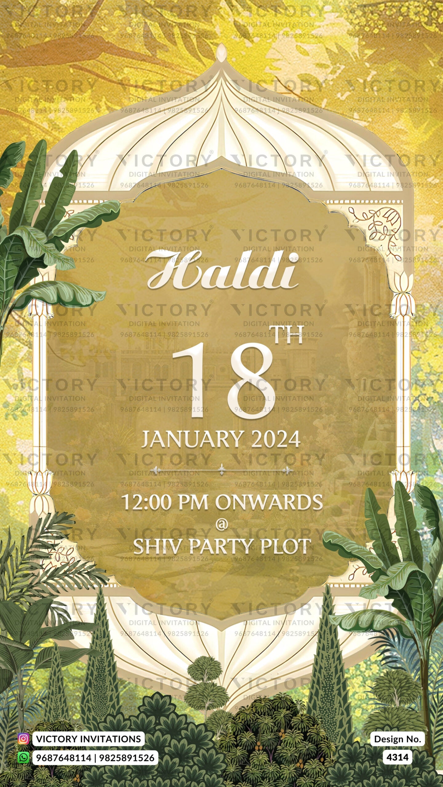 Wedding ceremony invitation card of hindu gujarati kathiyawadi family in english language with garden theme design 4314