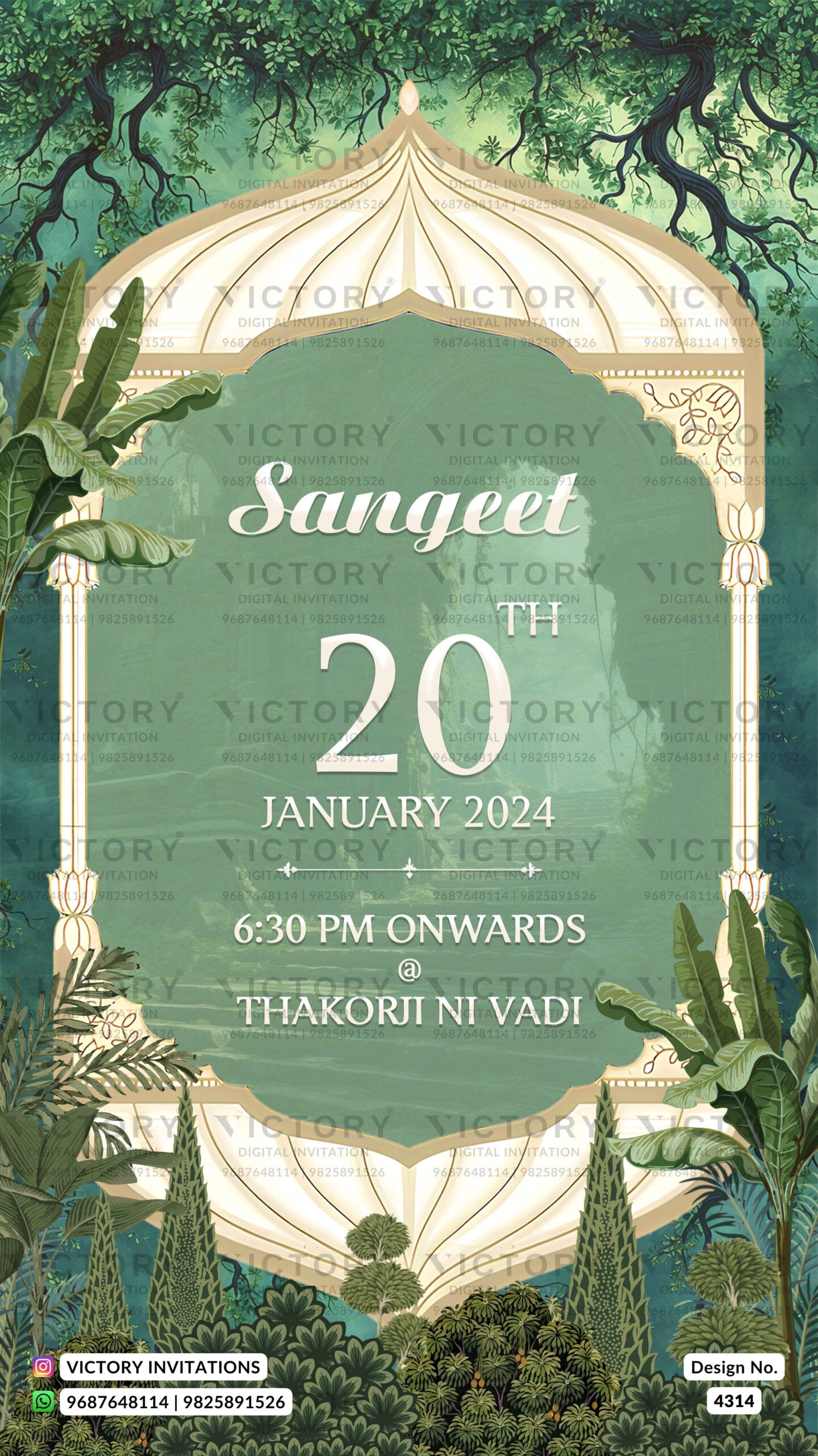 Wedding ceremony invitation card of hindu gujarati kathiyawadi family in english language with garden theme design 4314