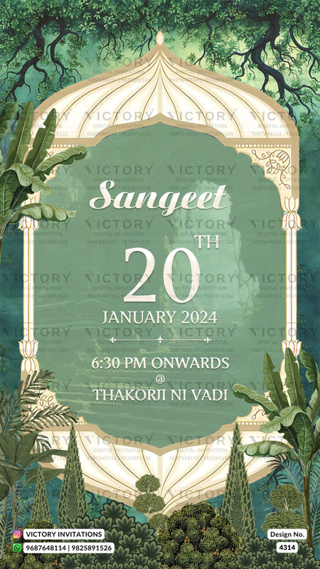 Wedding ceremony invitation card of hindu gujarati kathiyawadi family in english language with garden theme design 4314