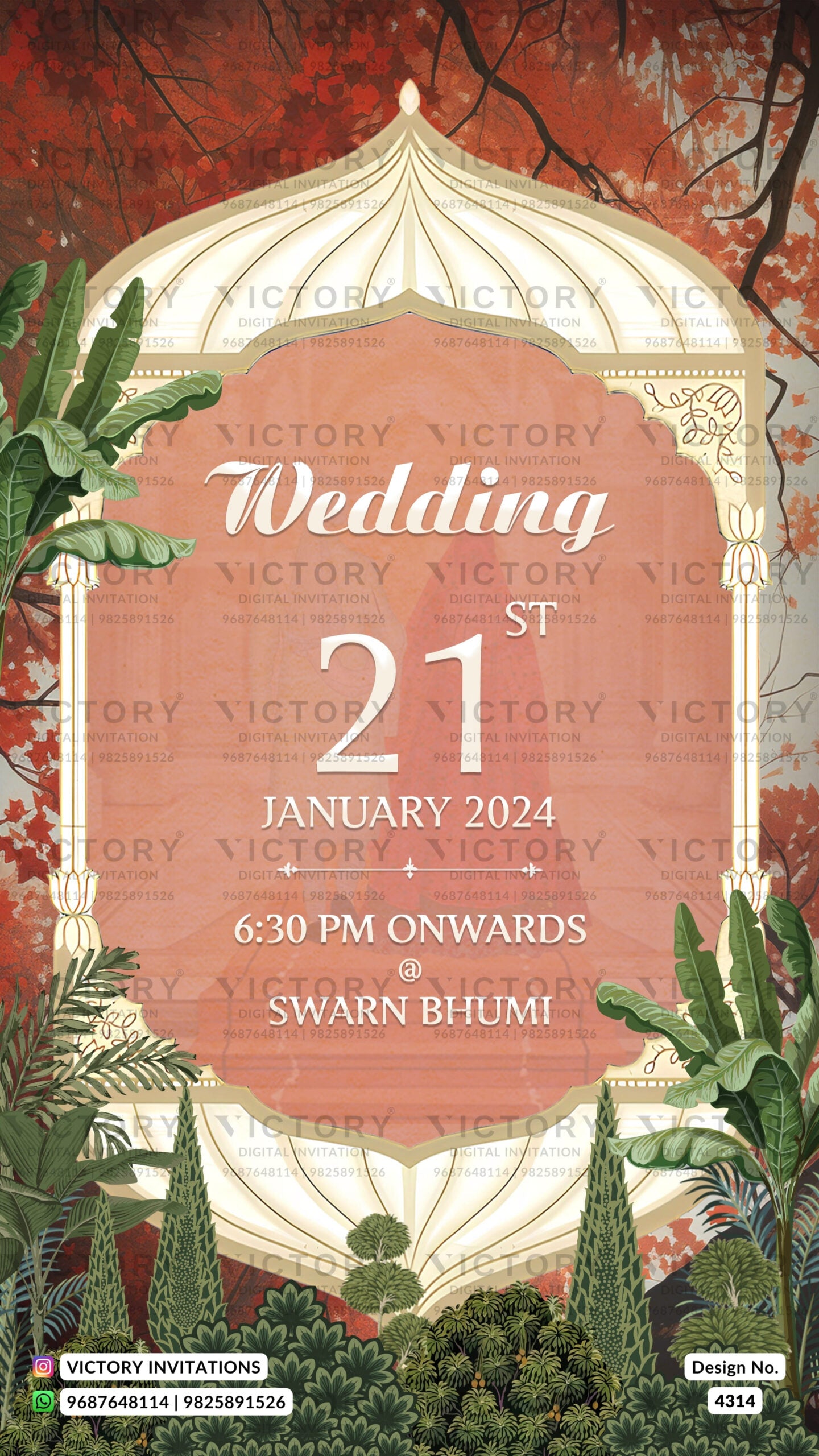 Wedding ceremony invitation card of hindu gujarati kathiyawadi family in english language with garden theme design 4314