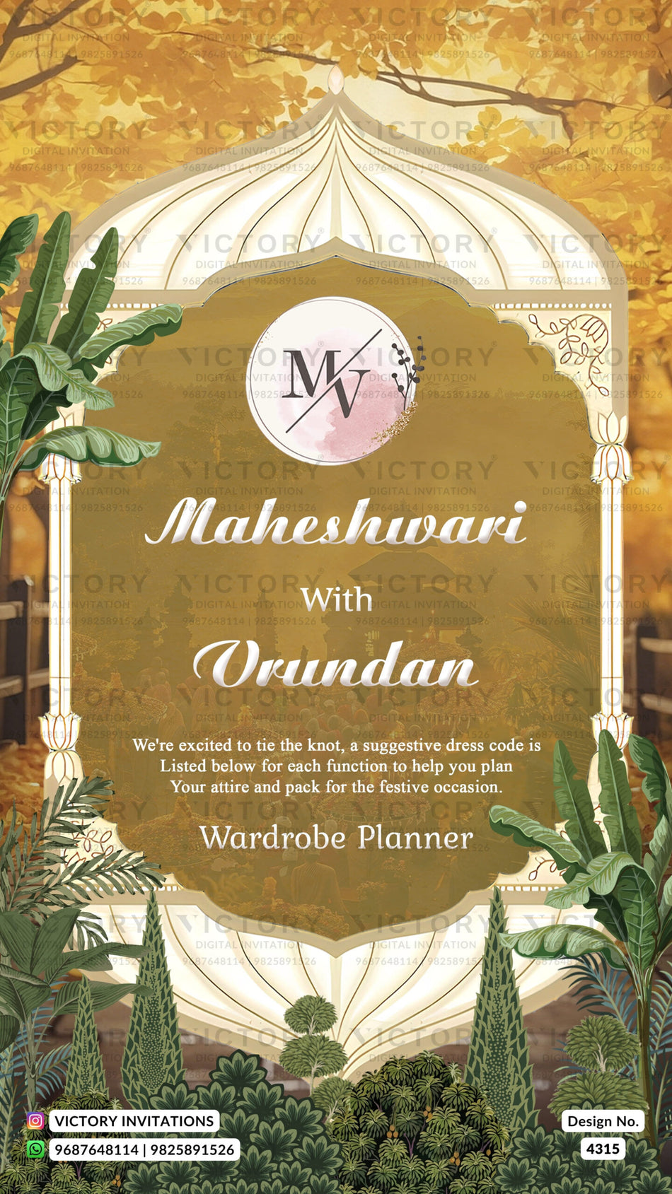 Wardrobe planner invitation card in english language with leaves, tree as garden theme design 4315