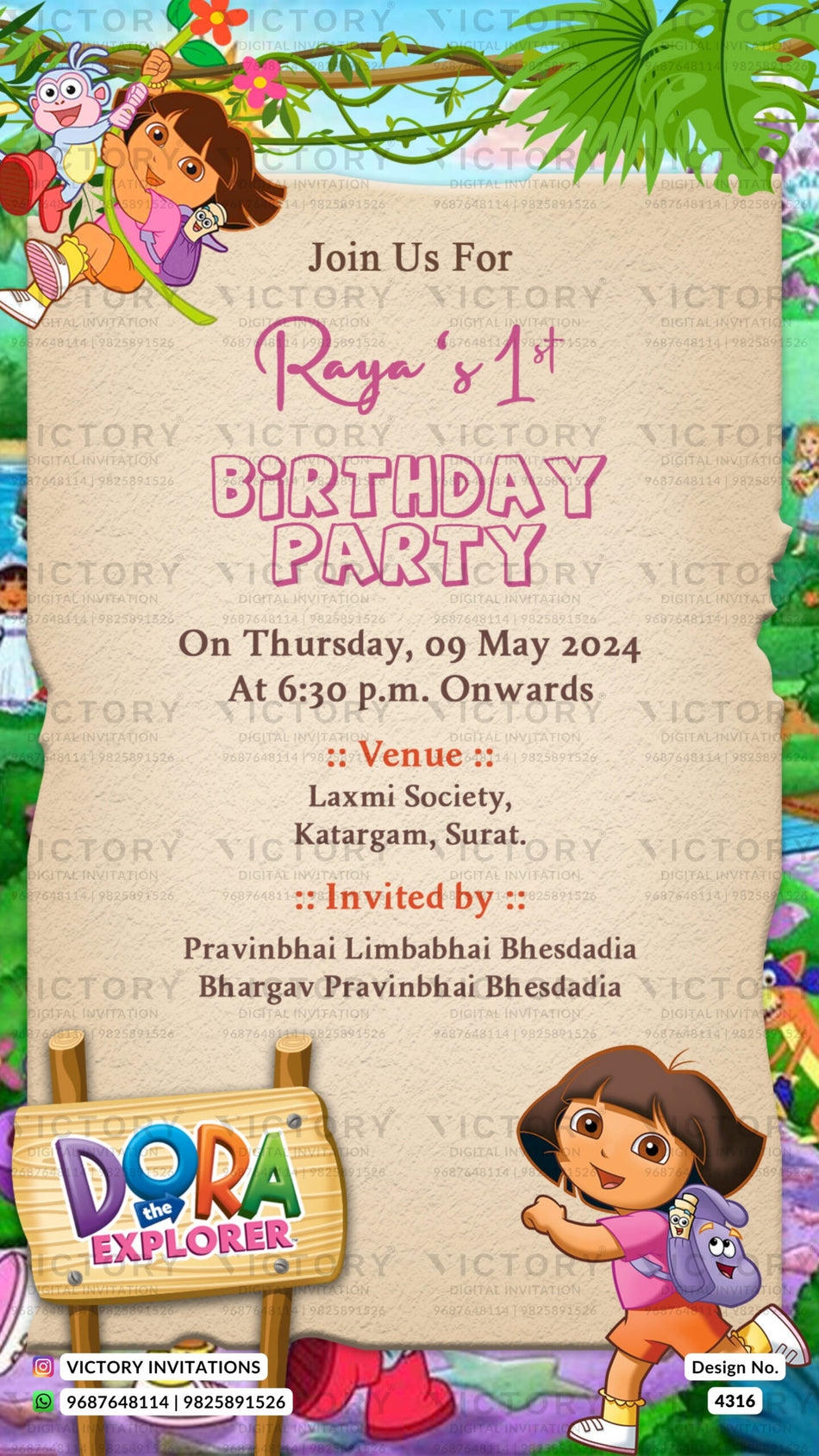 Birthday party invitation card for girl in english language with Dora cartoon as cartoon theme design 4316