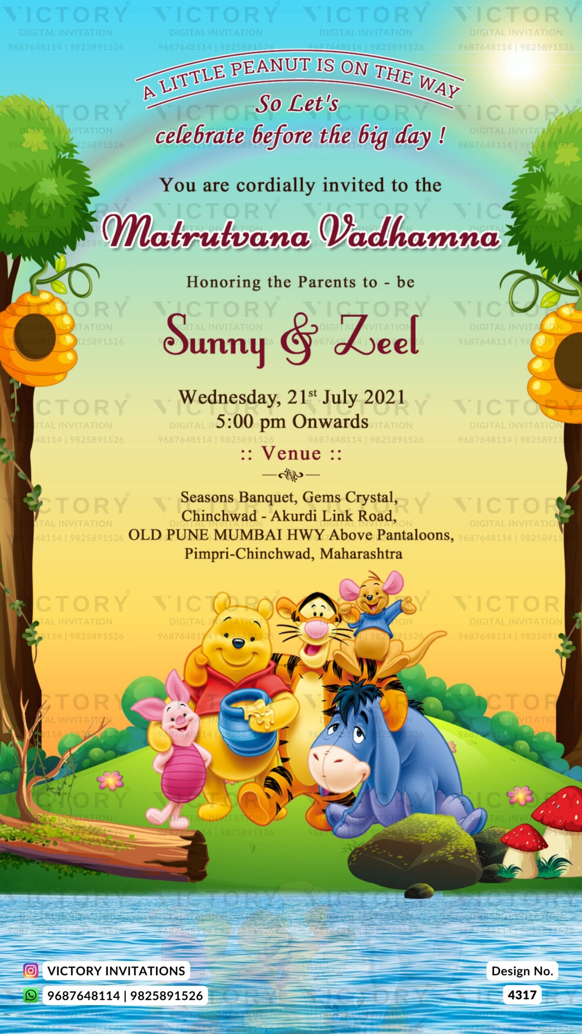 Baby Shower ceremony invitation card in english language with river, flowers as cartoon theme design 4317