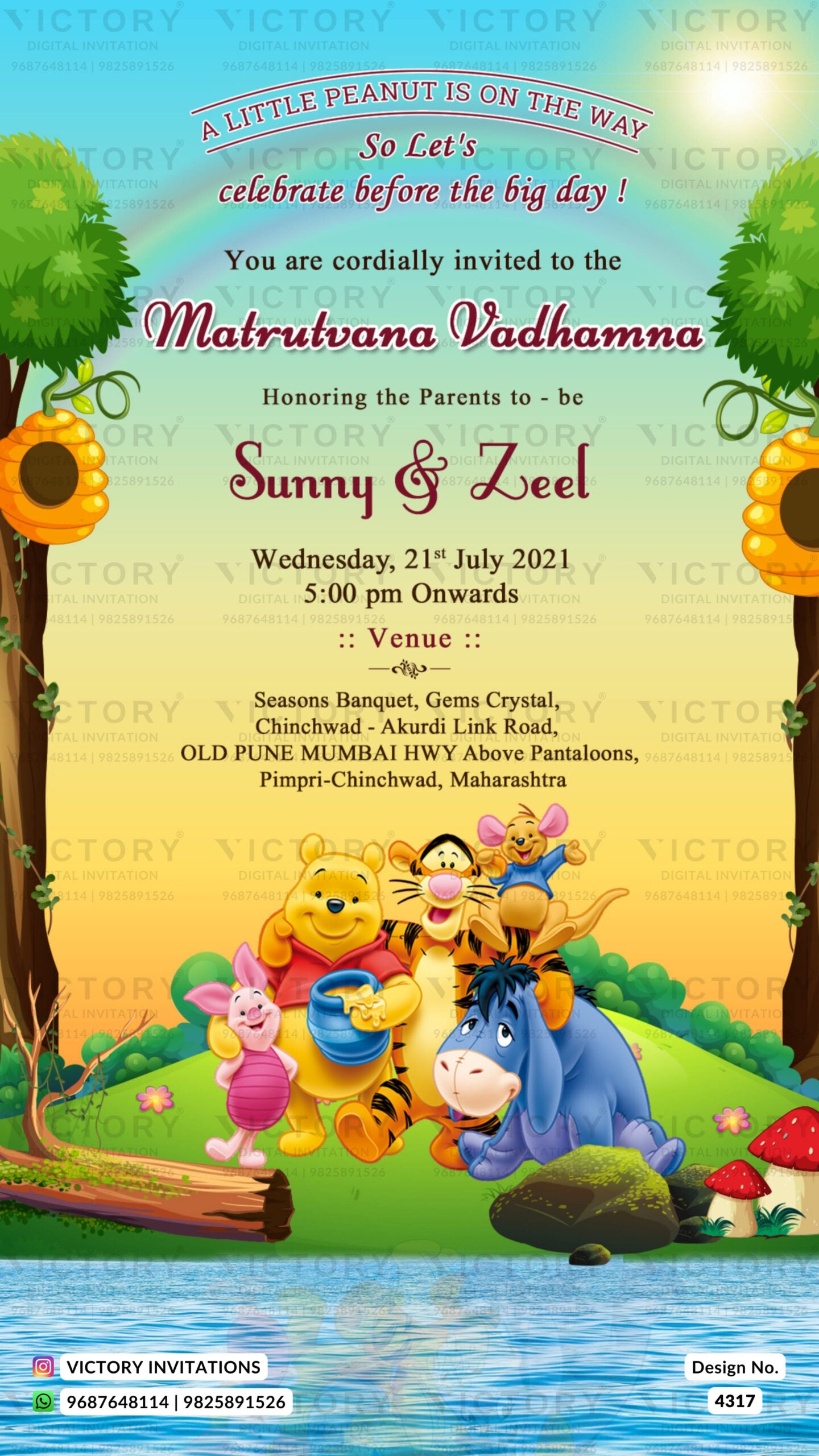 Baby Shower ceremony invitation card in english language with river, flowers as cartoon theme design 4317