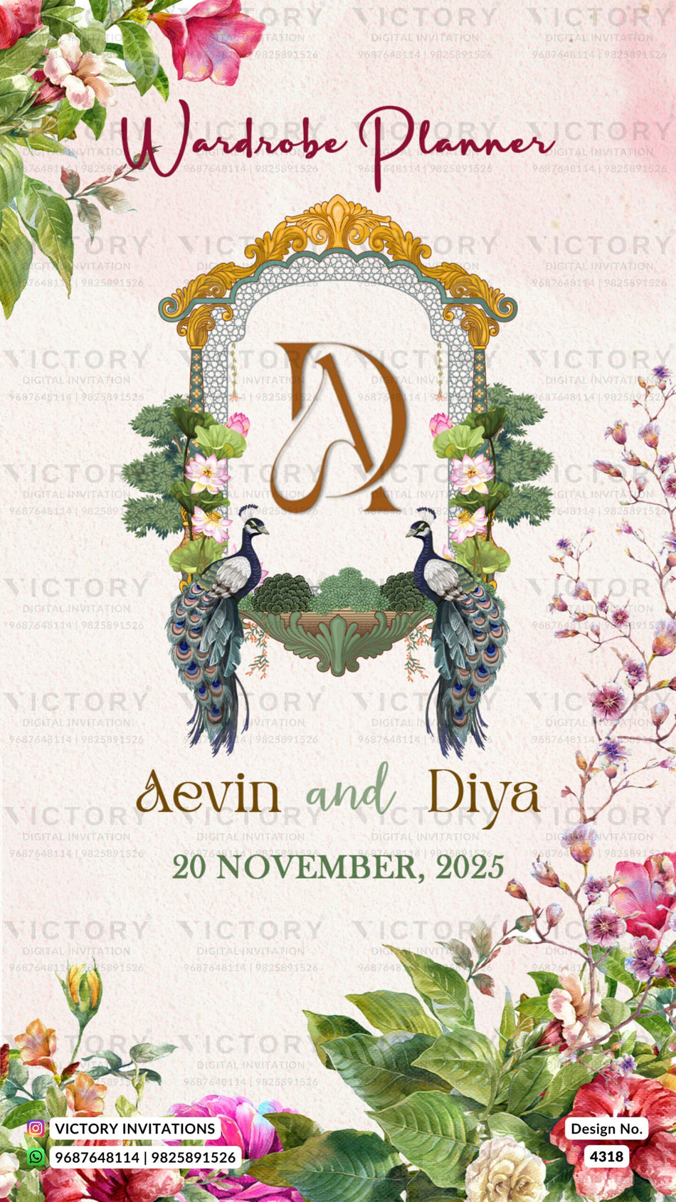 Wardrobe planner invitation card in english language with fowers, peacock as floral theme design 4318