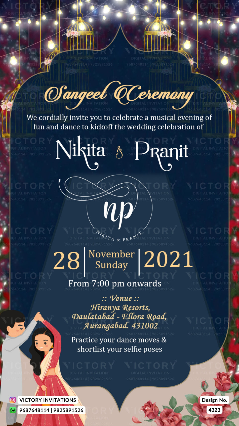 Sangeet Sandhya Ceremony invitation card in english language with lights, flowers as arch theme design 4323