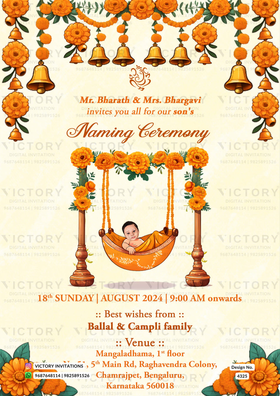Charming baby caricature invitation card for Baby Naming ceremony in English language with bells, flowers as floral theme design 4325