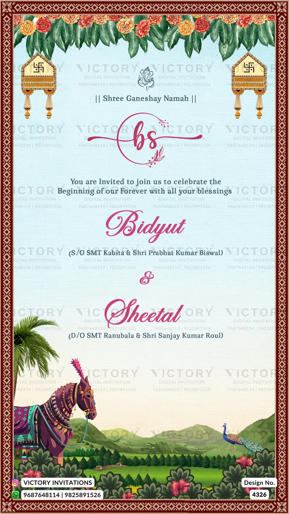 Traditional couple caricature invitation card for wedding ceremony of Odiya family in english language with temple theme design 4326