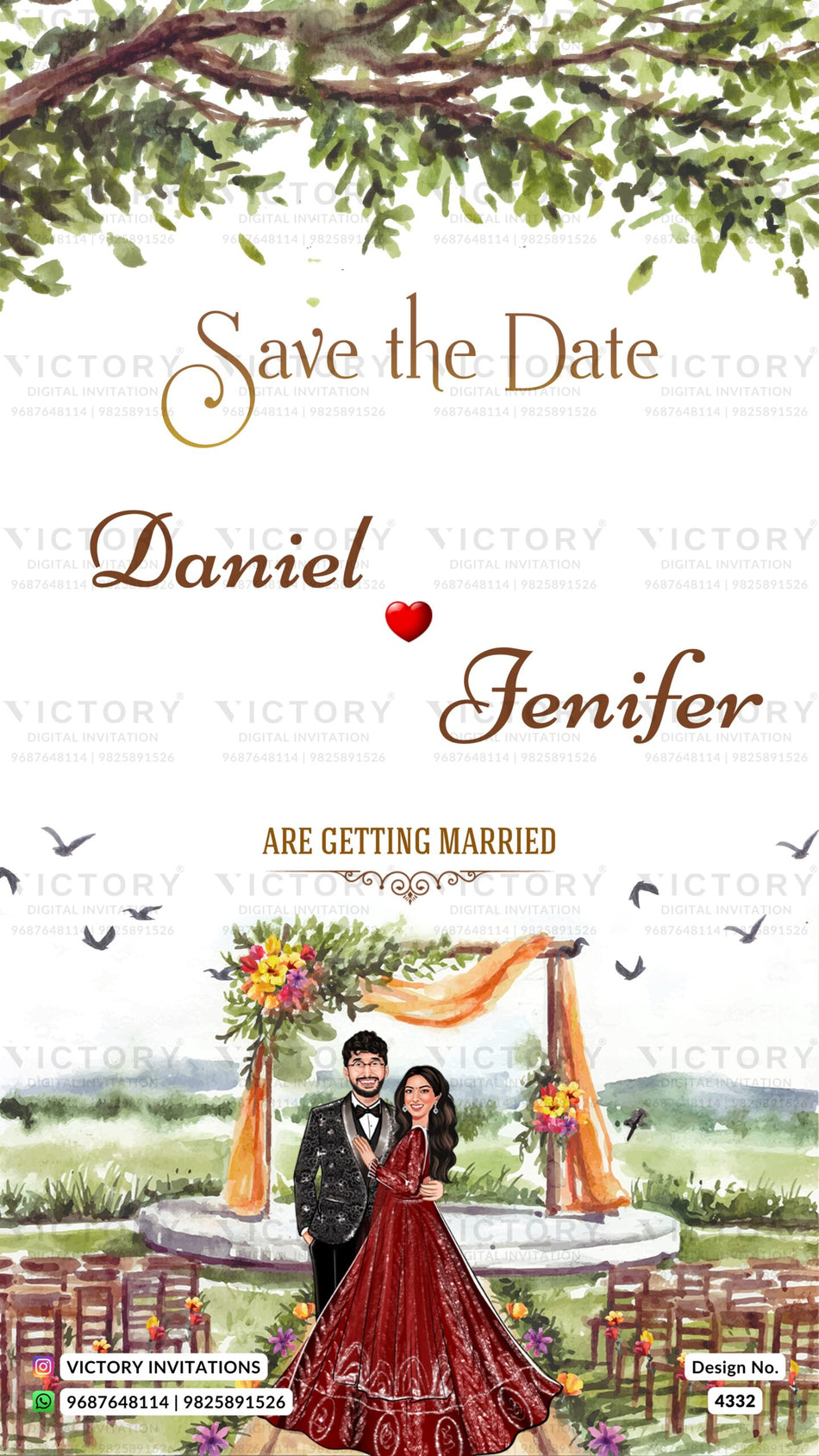 Glittery couple caricature invitation card for wedding ceremony of Christians family in english language with garden theme design 4332
