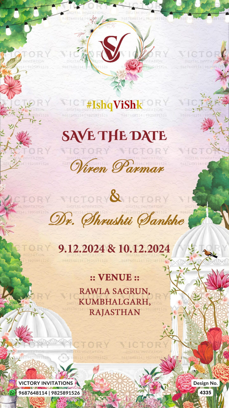 Wardrobe planner invitation card in english language with fowers, temple as floral theme design 4335