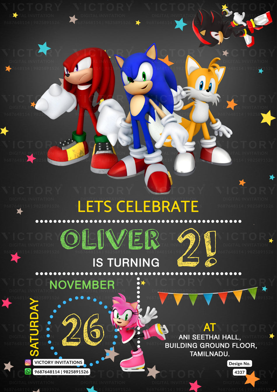 Birthday party invitation card for boy in english language with cartoon, star as Sonic the Hedgehog theme design 4337