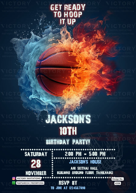 Birthday party invitation card for boy in english language with ball as Basketball theme design 4338