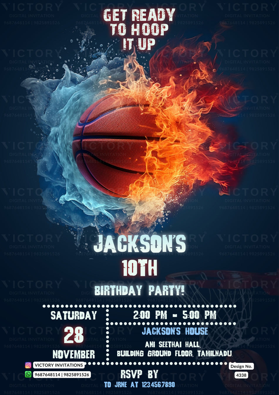 Birthday party invitation card for boy in english language with ball as Basketball theme design 4338