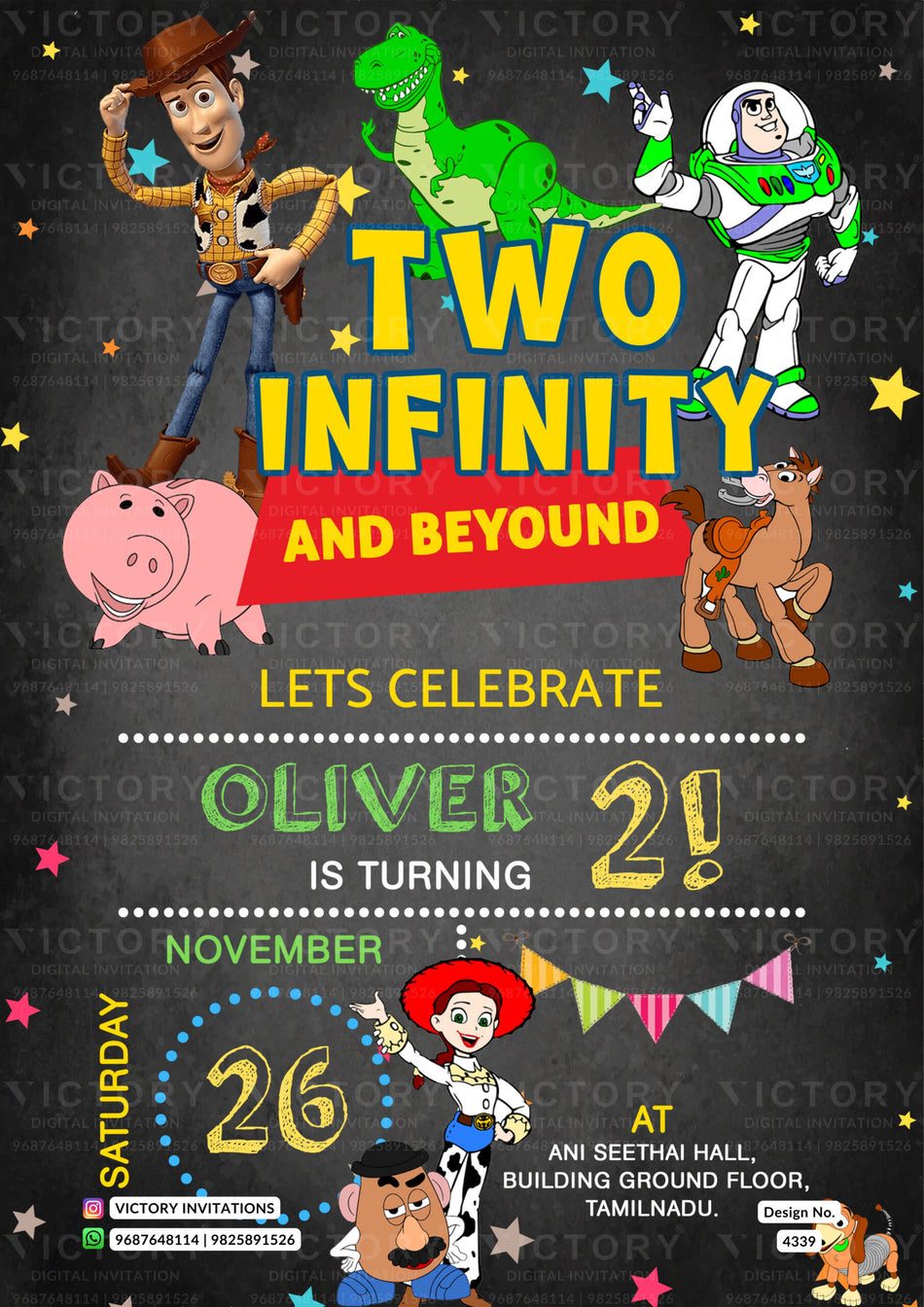 Birthday party invitation card for girl in english language with cartoon, star as two infinity and beyound theme design 4339