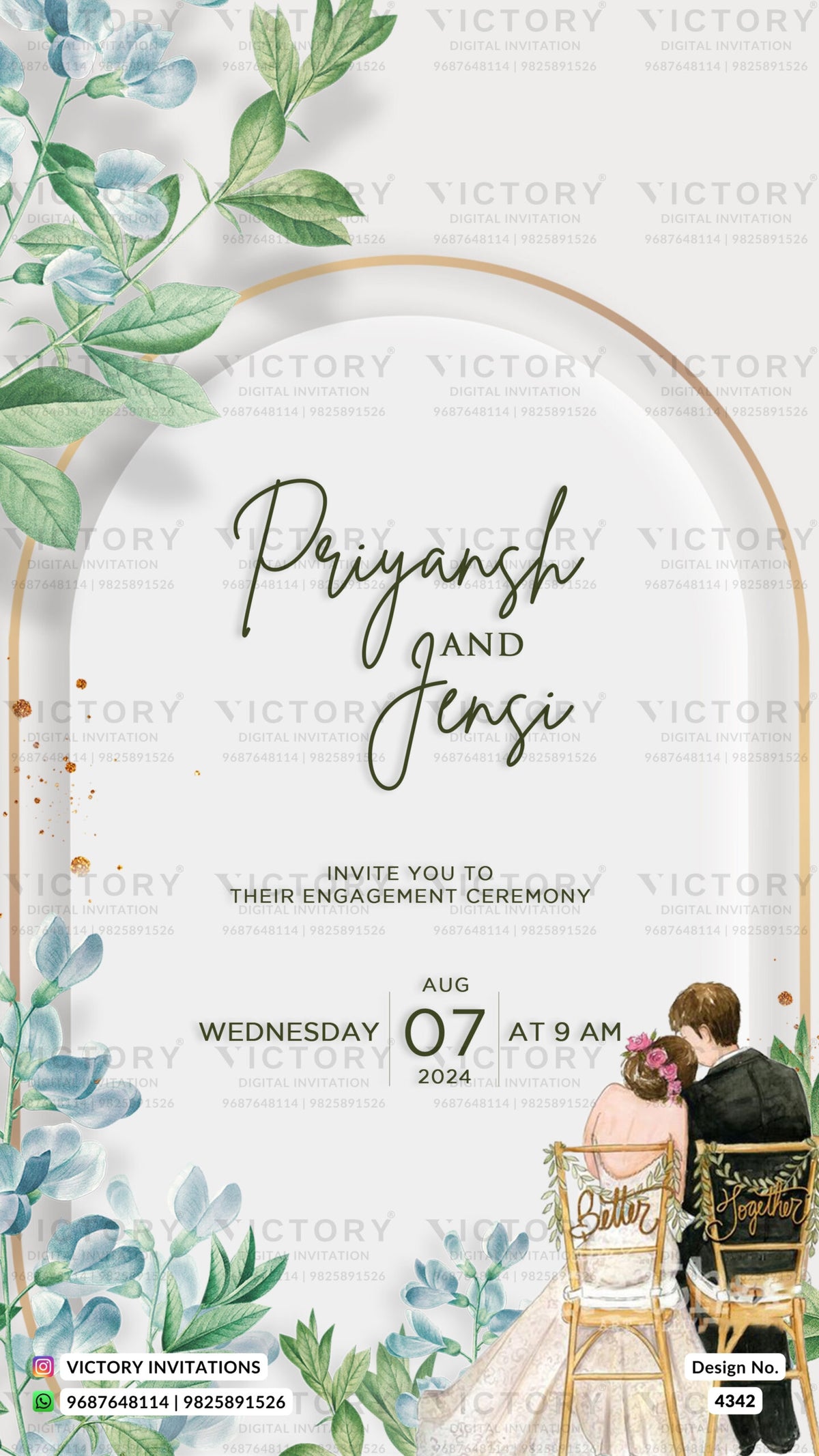 Engagement ceremony invitation card in gujarati language with flowers, leaves as floral theme design 4342