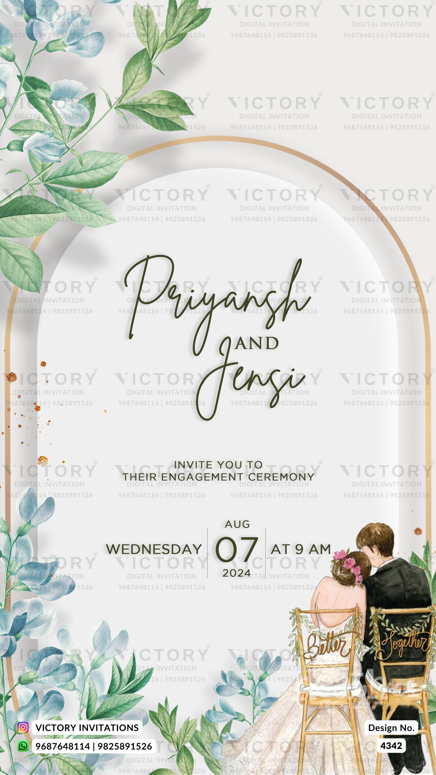 Engagement ceremony invitation card in gujarati language with flowers, leaves as floral theme design 4342