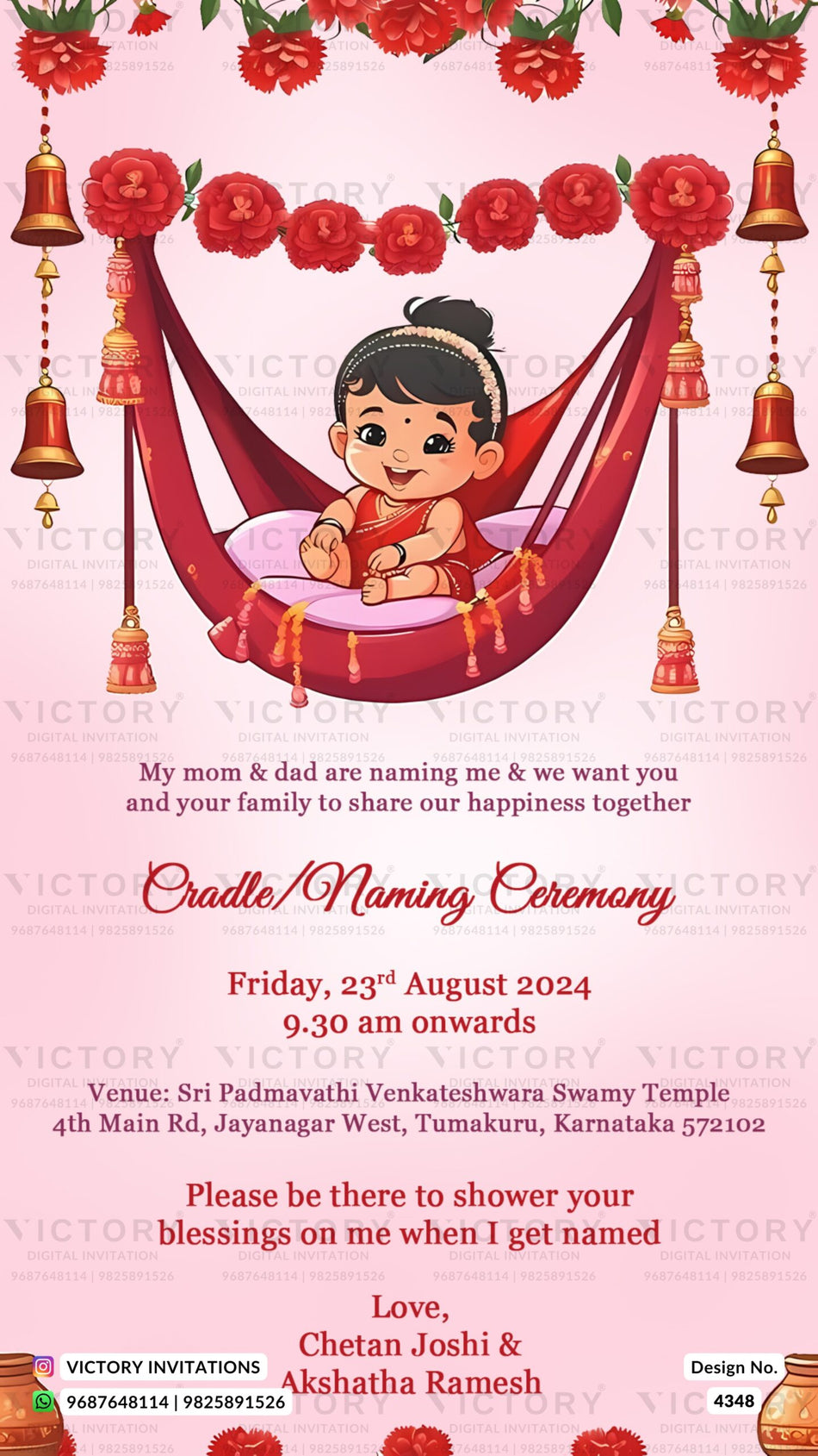 Baby Naming ceremony invitation card in english language with bells, baby doodle, swing as floral theme design 4348