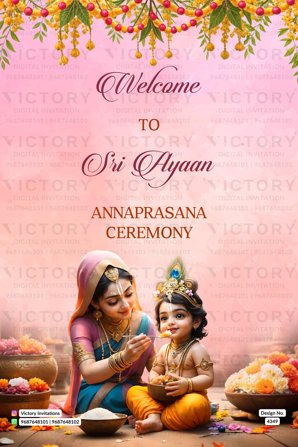 Annaprasana Standee design in english language with leaves as floral theme design 4349