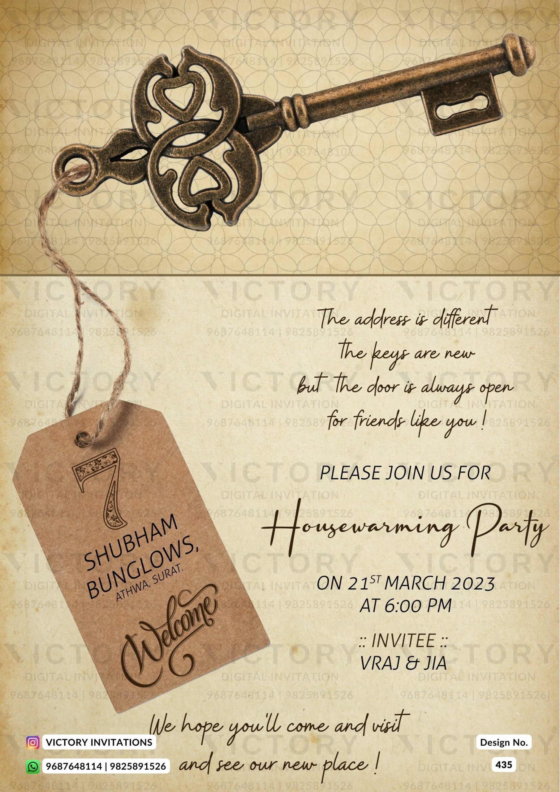 House Warming ceremony invitation card in english language with arch as vintage theme design 435