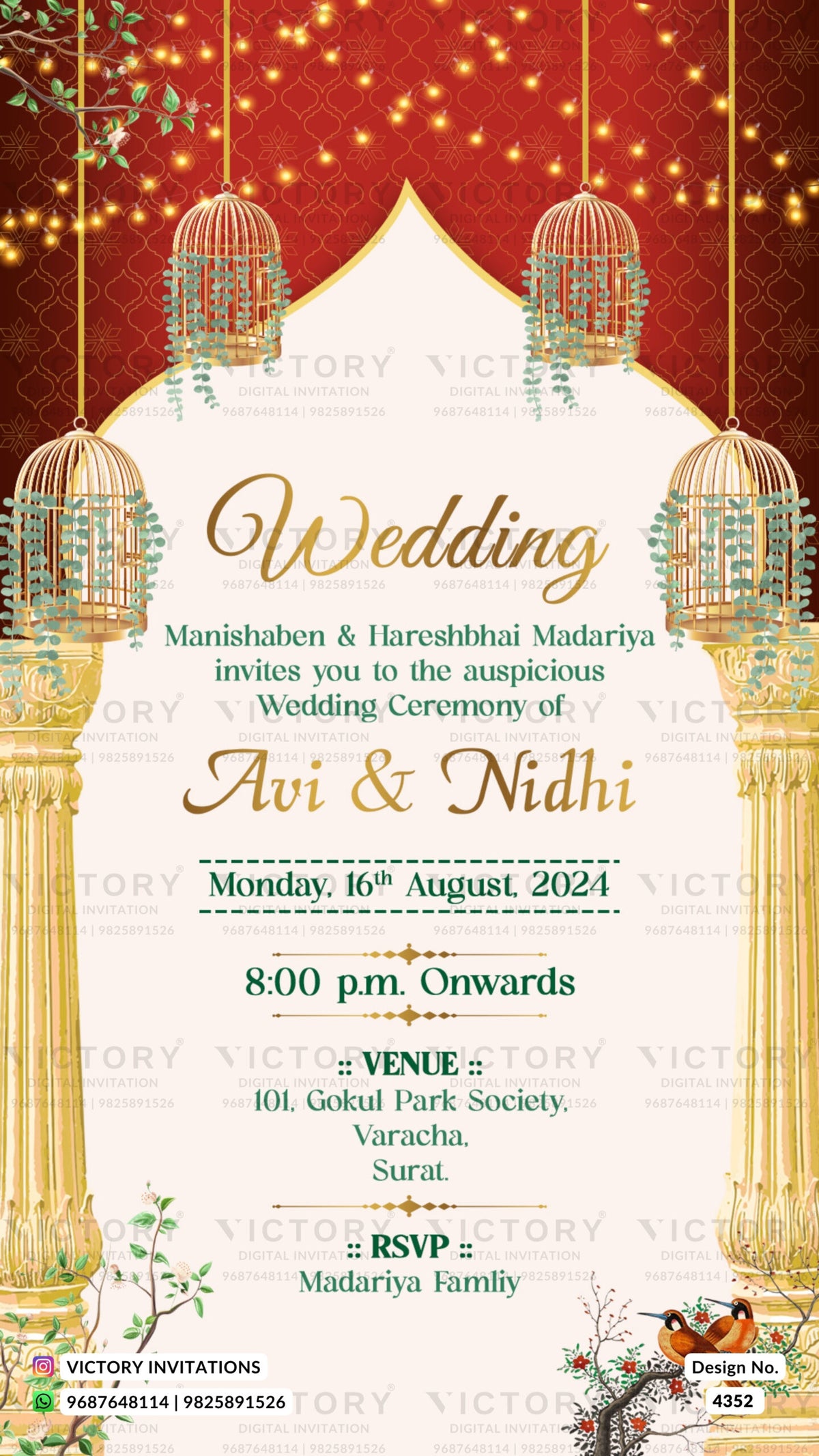 Wedding ceremony invitation card of hindu gujarati patel family in english language with arch theme design 4352
