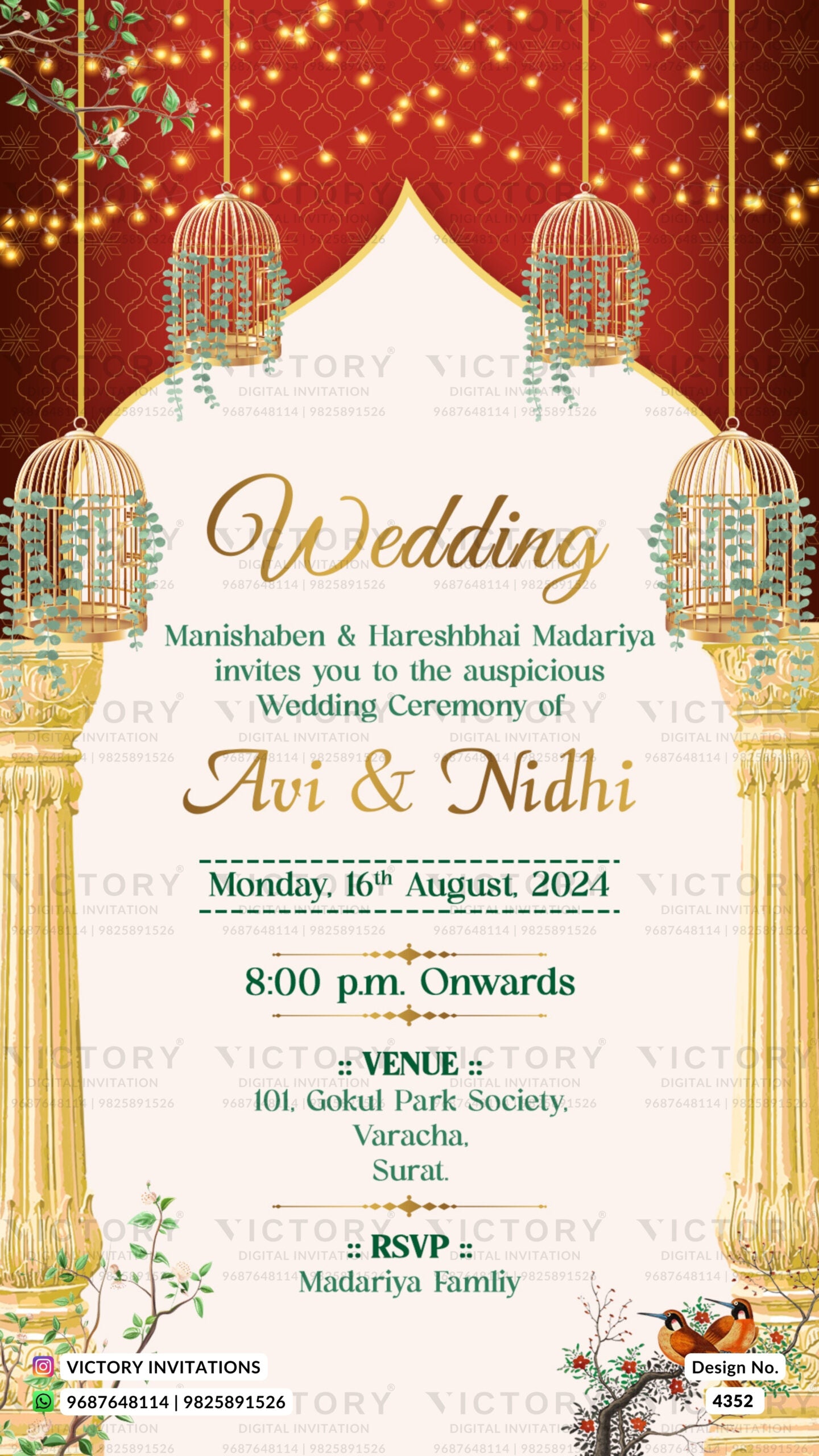 Wedding ceremony invitation card of hindu gujarati patel family in english language with arch theme design 4352