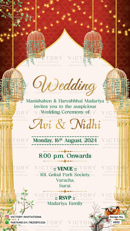 Wedding ceremony invitation card of hindu gujarati patel family in english language with arch theme design 4352