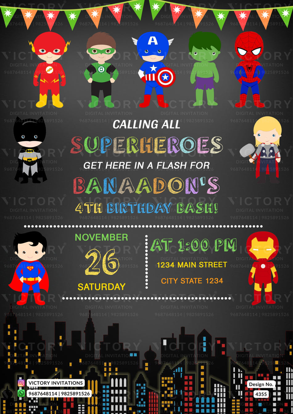 Birthday party invitation card for boy in english language with building as cartoonish theme design 4355