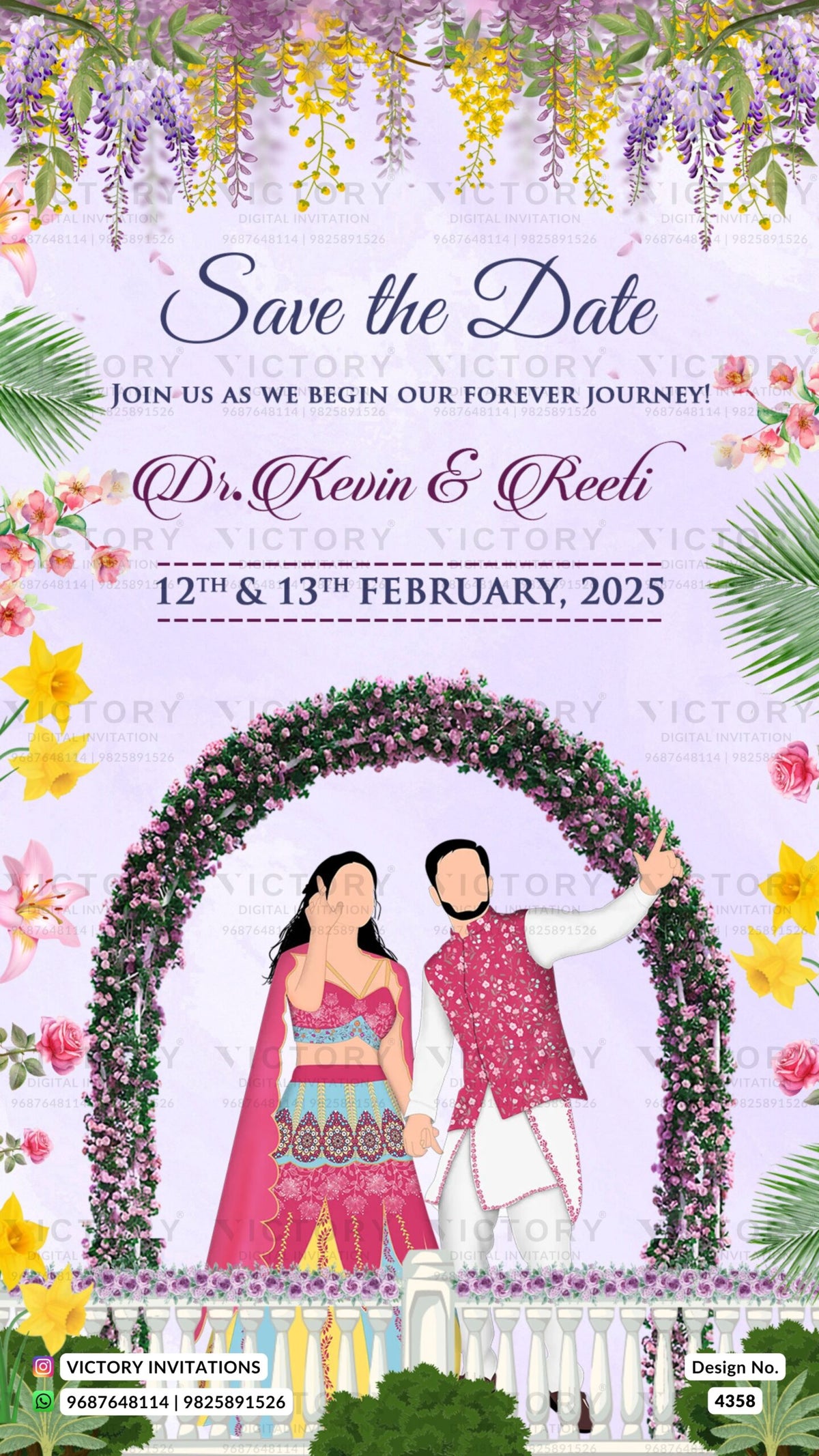 Save the Date card in english language with fence, couple doodle as floral theme design 4358