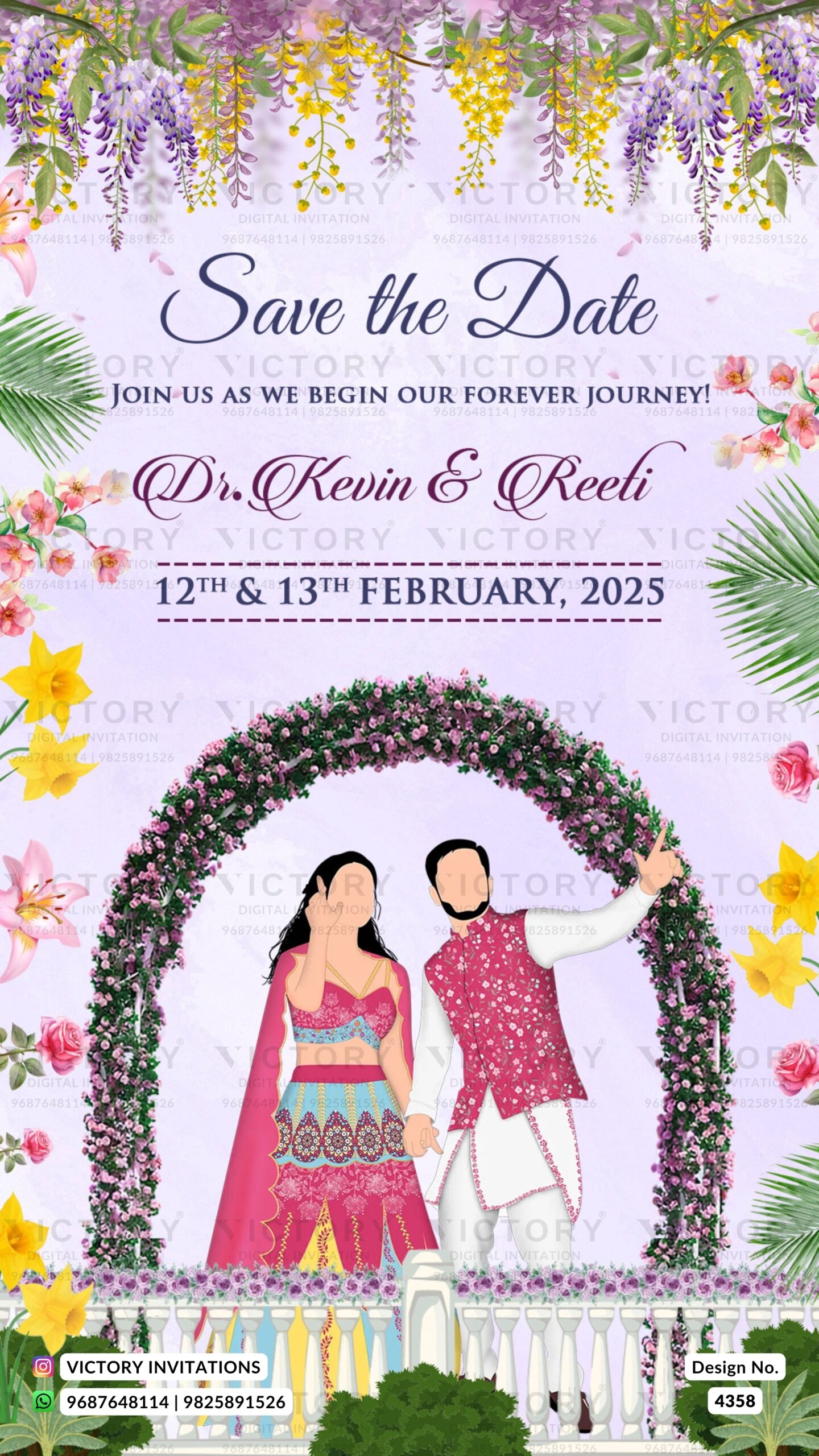 Save the Date card in english language with fence, couple doodle as floral theme design 4358