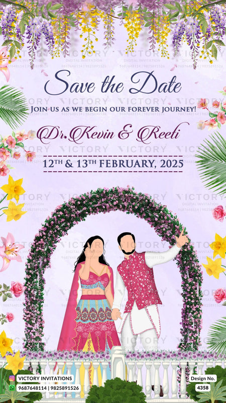 Save the Date card in english language with fence, couple doodle as floral theme design 4358