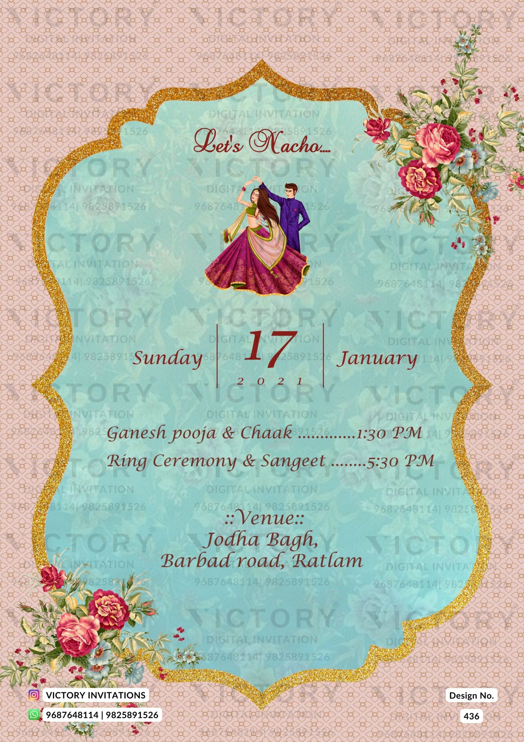 Sangeet Sandhya Ceremony invitation card in english language with couple doodle, arch frame as traditional theme design 436.4
