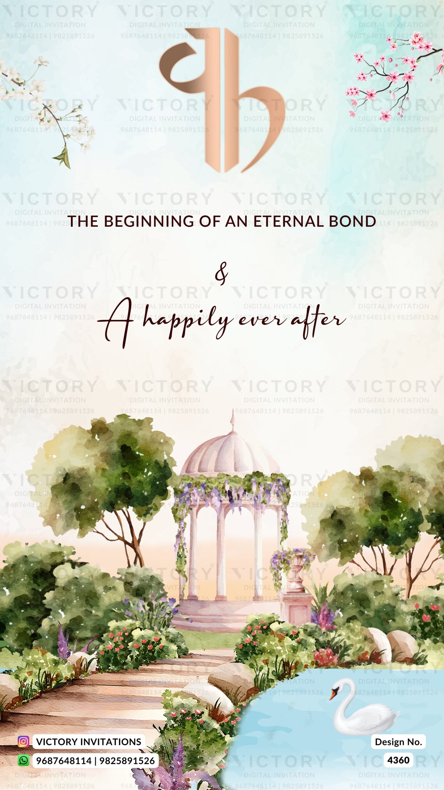 Save the Date card in english language with fountain, chair, leaves as garden theme design 4360