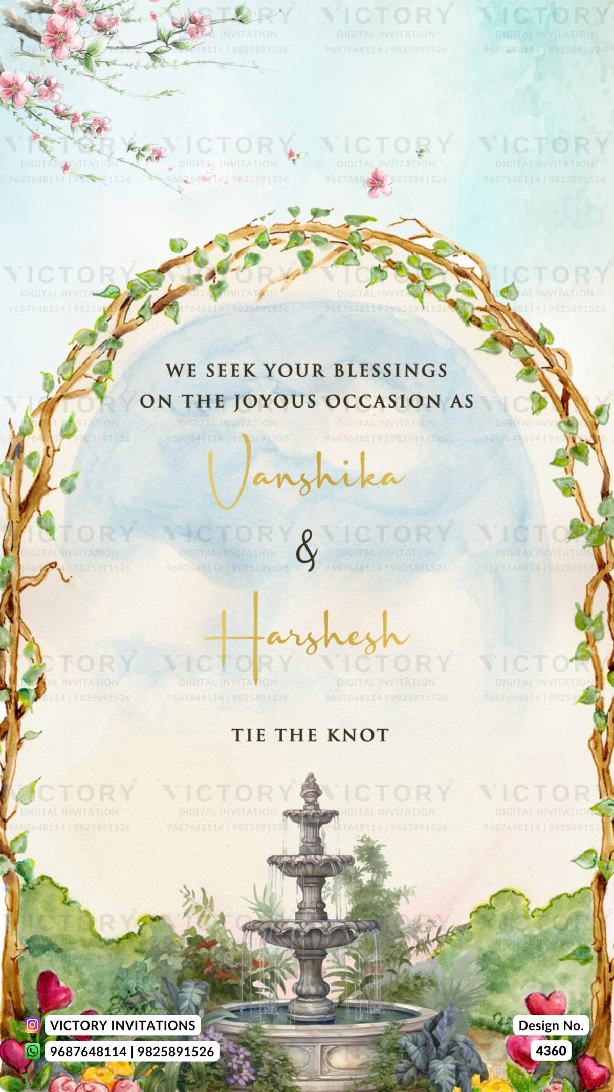 Save the Date card in english language with fountain, chair, leaves as garden theme design 4360