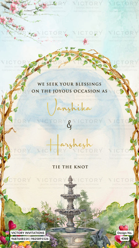 Save the Date card in english language with fountain, chair, leaves as garden theme design 4360