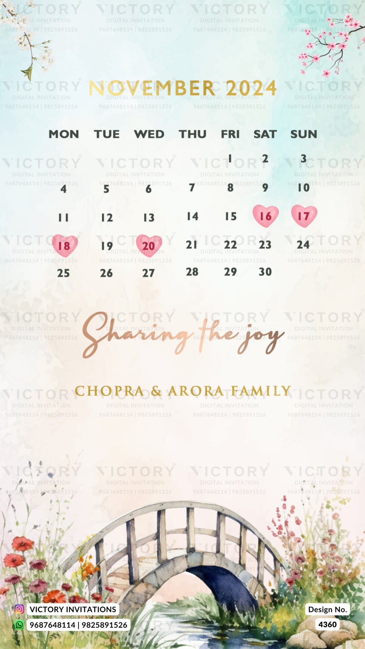 Save the Date card in english language with fountain, chair, leaves as garden theme design 4360