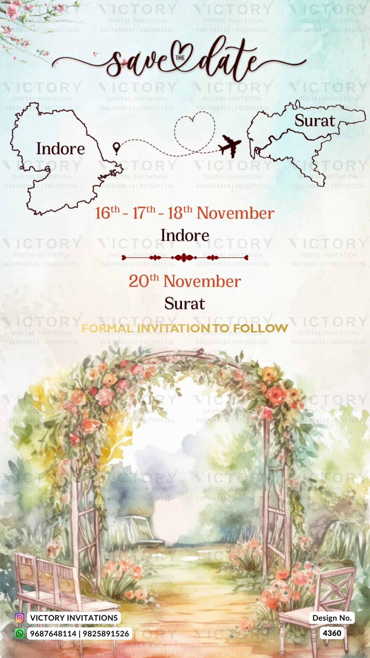 Save the Date card in english language with fountain, chair, leaves as garden theme design 4360