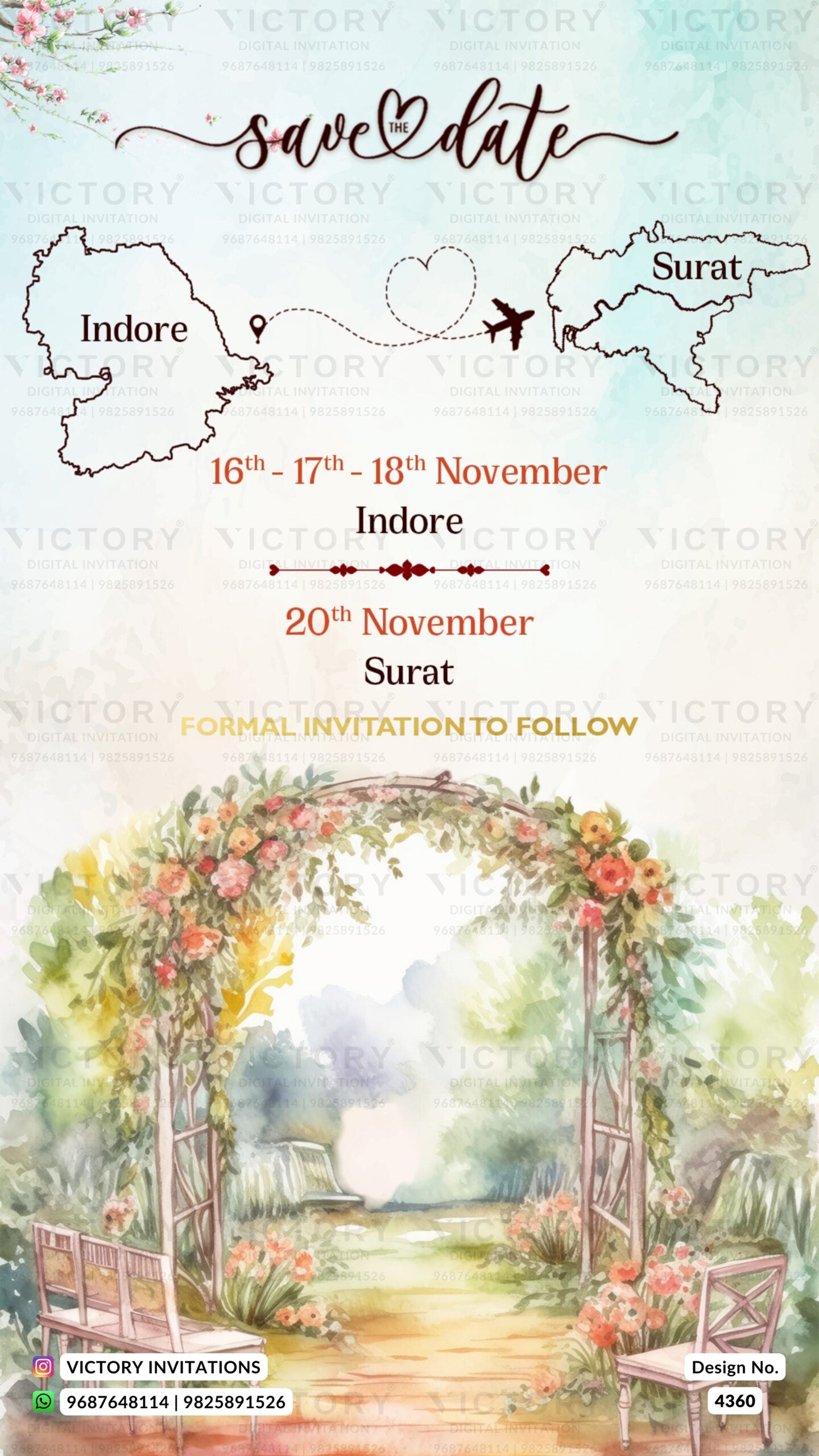 Save the Date card in english language with fountain, chair, leaves as garden theme design 4360