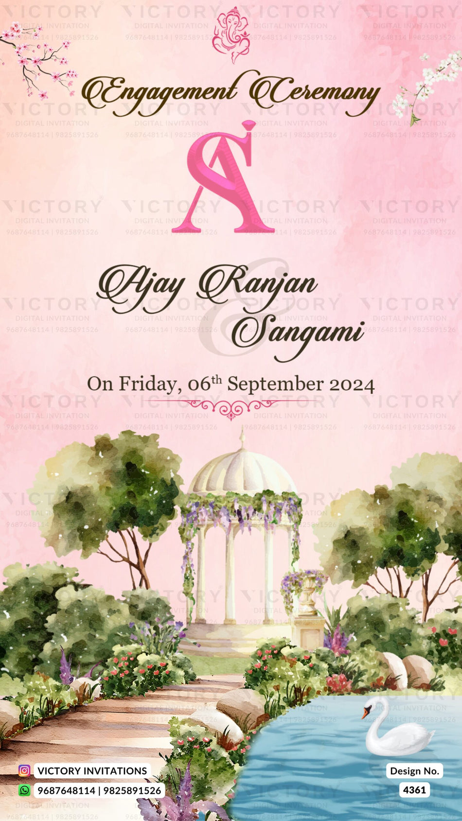 Engagement ceremony invitation card in english language with flowers, duck, gate as garden theme design 4361