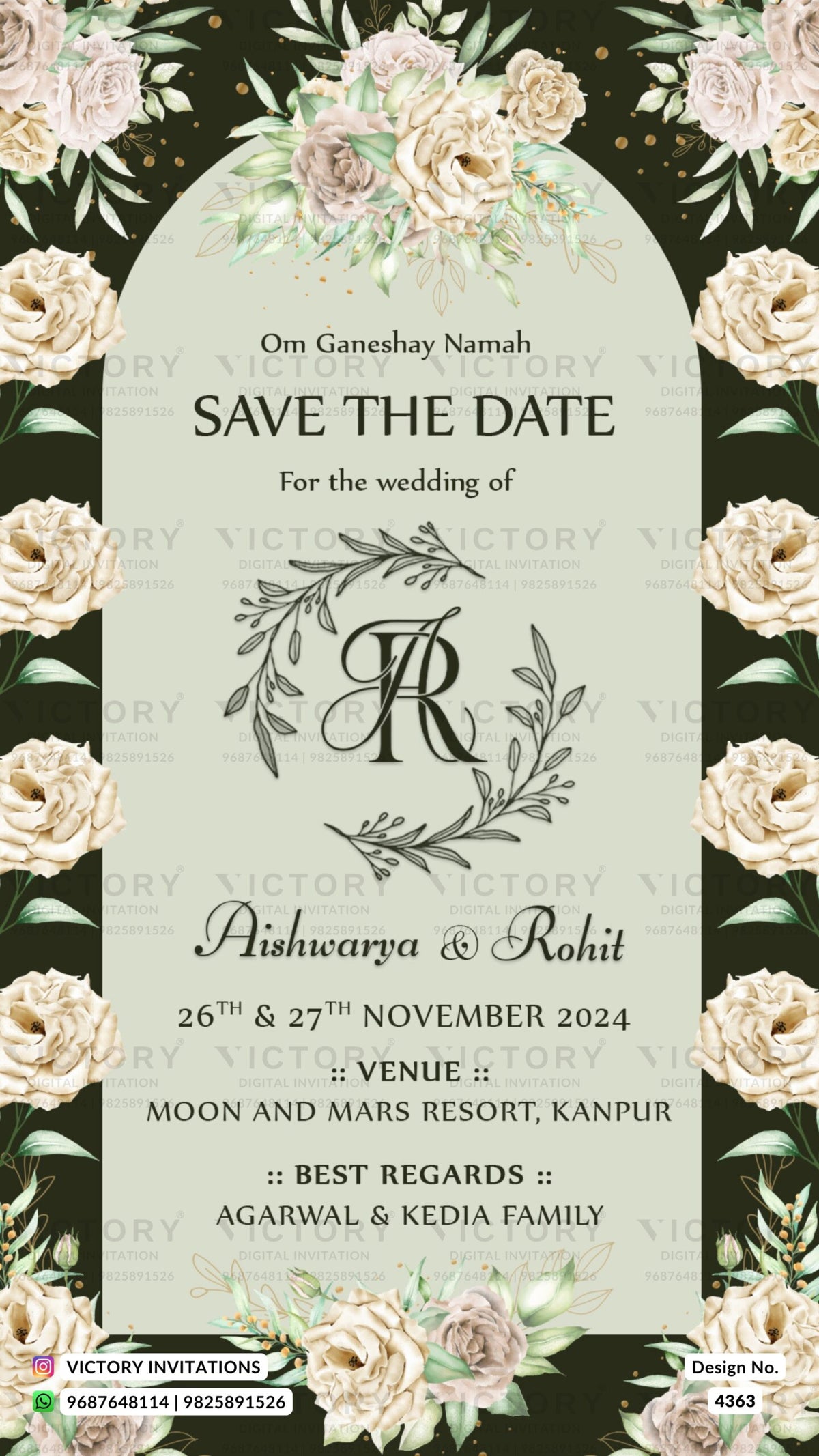 Save the Date card in english language with leaves as floral theme design 4363