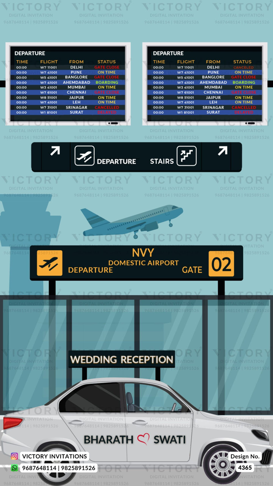 Reception Party invitation card in english language with couple photo, flowers as aeroplan theme design 4365