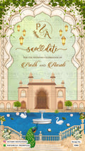 Save the Date card in english language with arch, mahal, lantern as traditional theme design 4366