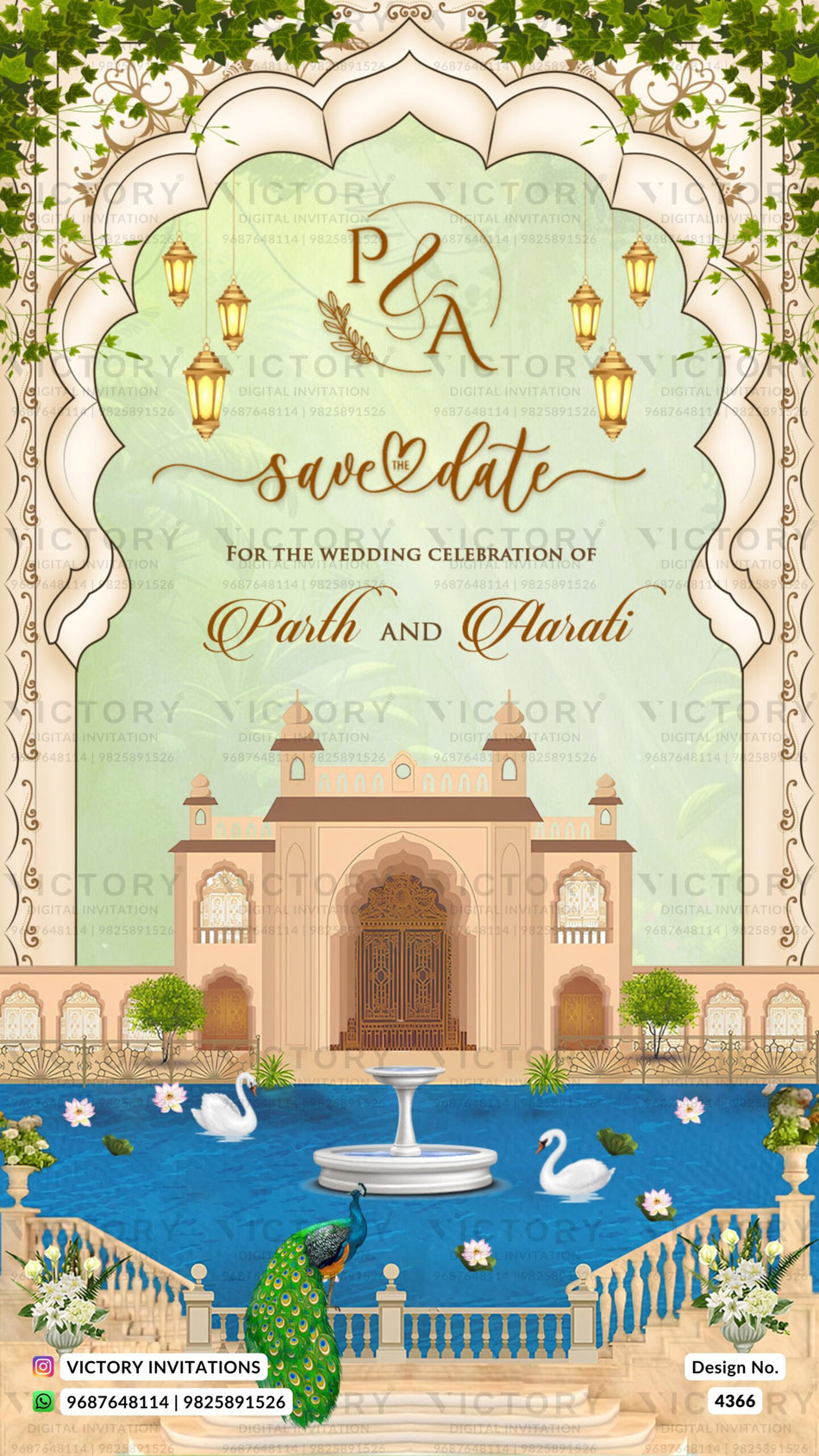 Save the Date card in english language with arch, mahal, lantern as traditional theme design 4366