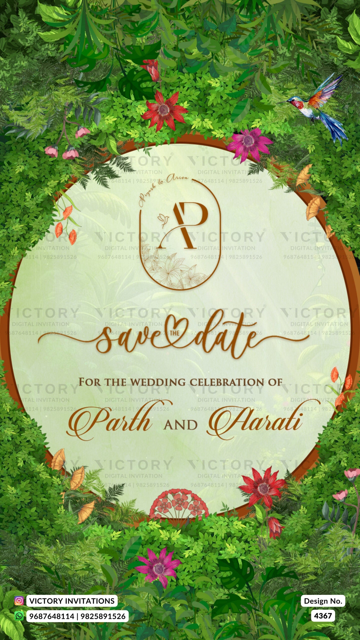 Save the Date card in english language with flowers, birds, leaves as forest theme design 4367