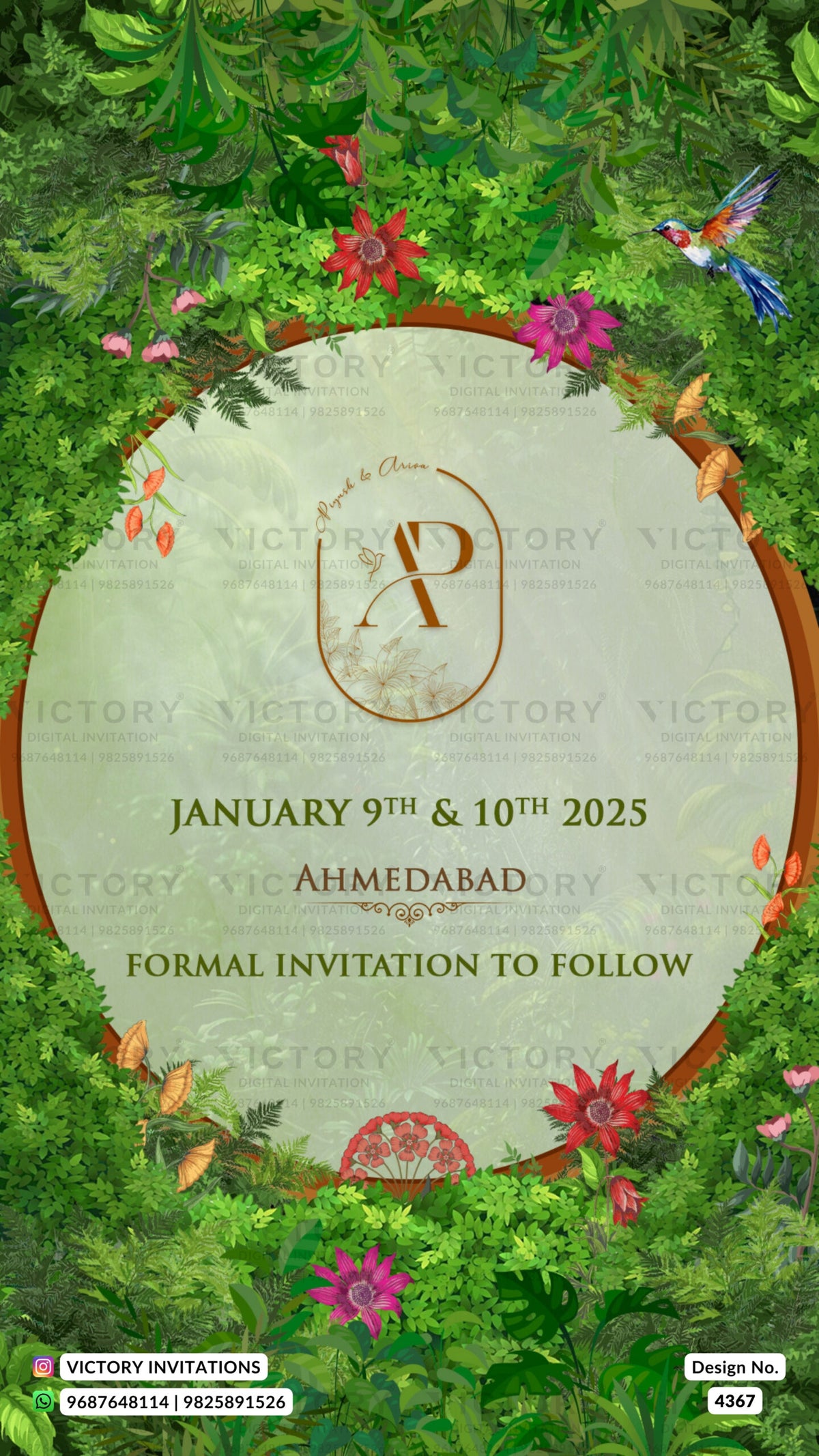 Save the Date card in english language with flowers, birds, leaves as forest theme design 4367