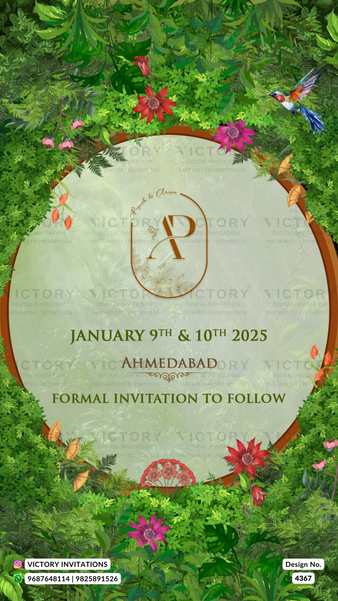 Save the Date card in english language with flowers, birds, leaves as forest theme design 4367