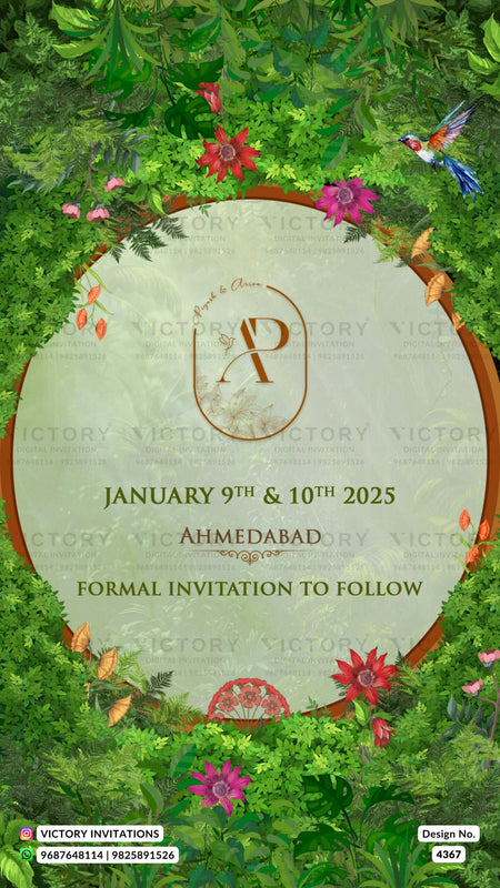 Save the Date card in english language with flowers, birds, leaves as forest theme design 4367