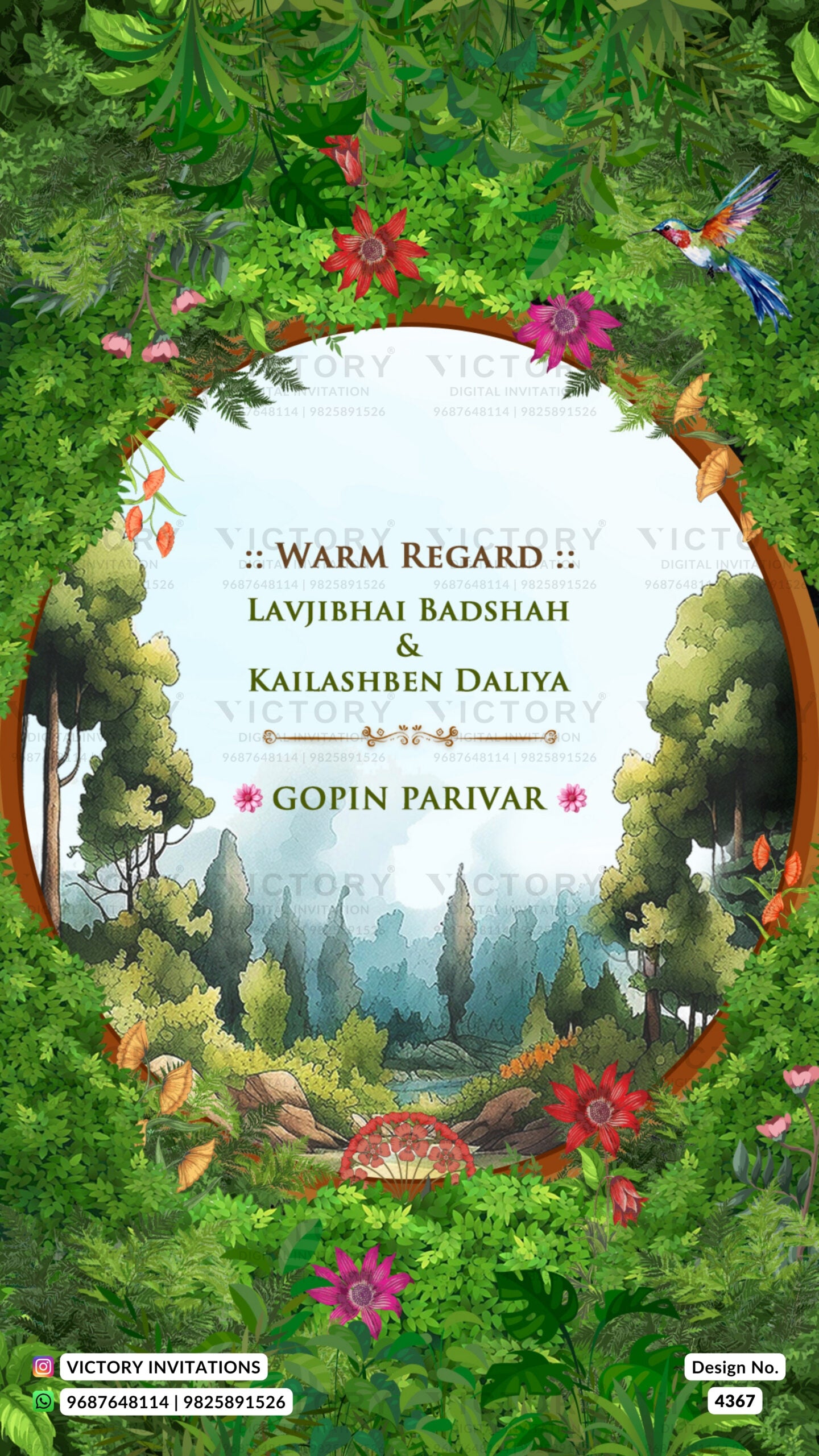 Save the Date card in english language with flowers, birds, leaves as forest theme design 4367